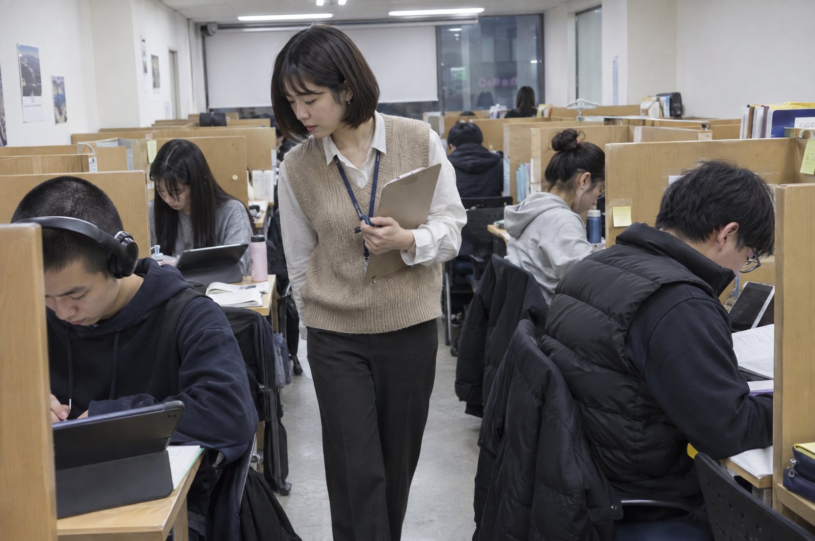 교수자가 체크리스트를 들고 자습실을 돌며 학생들의 진행을 확인하는 모습